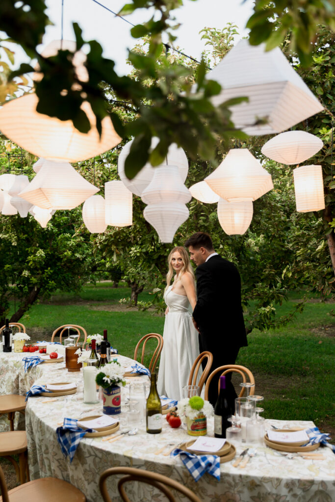 intimate wedding dinner orchard long table reception