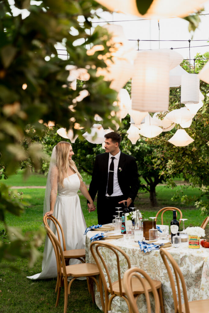 intimate wedding dinner orchard long table reception