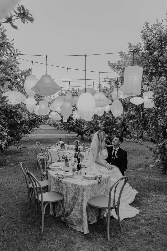 wedding dinner orchard long table reception