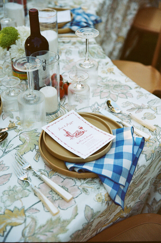 hybrid photography film photo of a dinner table setting Italian countryside wedding